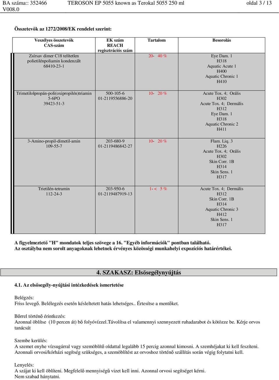 01-2119487919-13 Tartalom Besorolás 20-40 % Eye Dam. 1 H318 Aquatic Acute 1 H400 Aquatic Chronic 1 H410 10-20 % Acute Tox. 4; Orális H302 Acute Tox. 4; Dermális H312 Eye Dam.