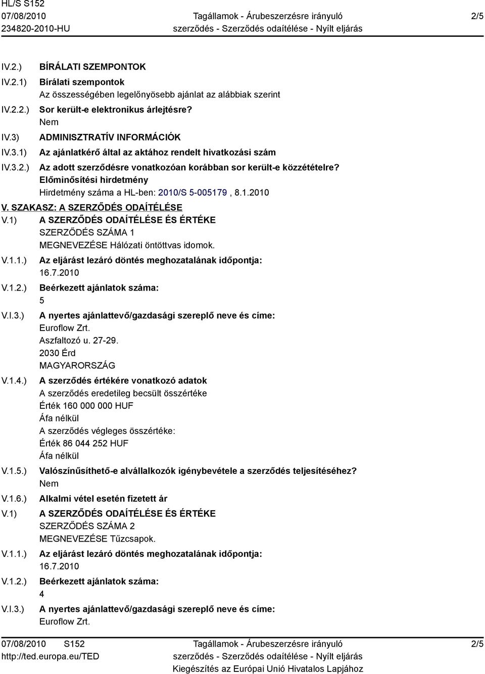 közzétételre? Előminősítési hirdetmény Hirdetmény száma a HL-ben: 2010/S 5-005179, 8.1.2010 V.