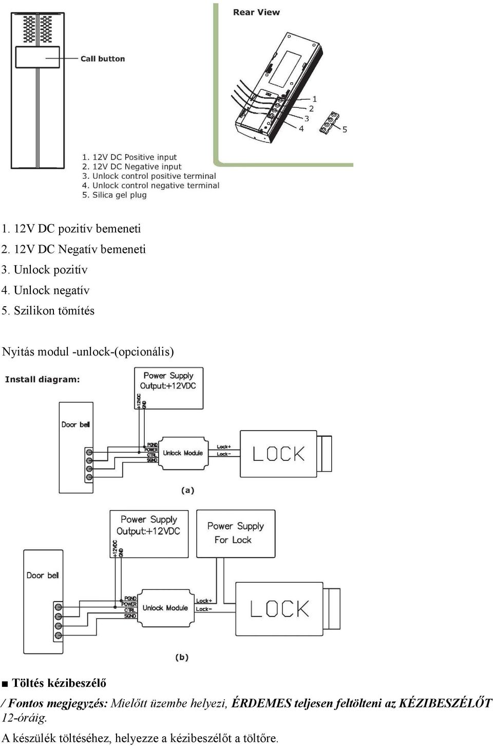 Szilikon tömítés Nyitás modul -unlock-(opcionális) Töltés kézibeszélő / Fontos