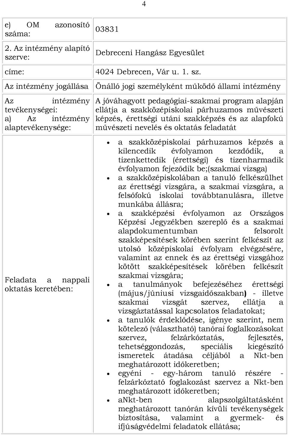 rve: címe: 03831 Debreceni Hangász Egyesület 4024 Debrecen, Vár u. 1. sz.