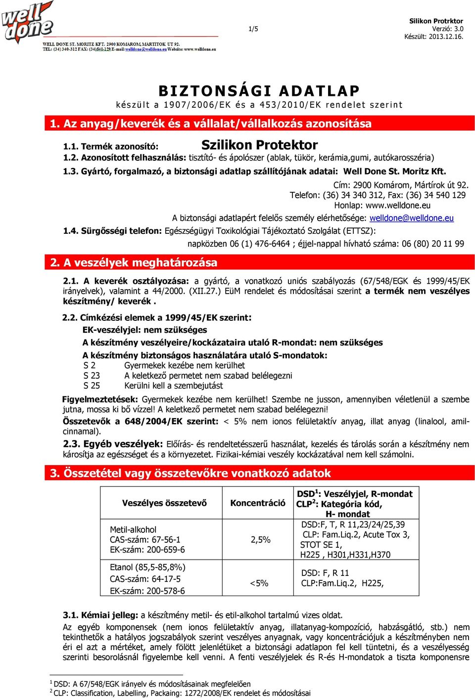 Cím: 2900 Komárom, Mártírok út 92. Telefon: (36) 34 340 312, Fax: (36) 34 540 129 Honlap: www.welldone.eu A biztonsági adatlapért felelős személy elérhetősége: welldone@welldone.eu 1.4. Sürgősségi telefon: Egészségügyi Toxikológiai Tájékoztató Szolgálat (ETTSZ): 2.