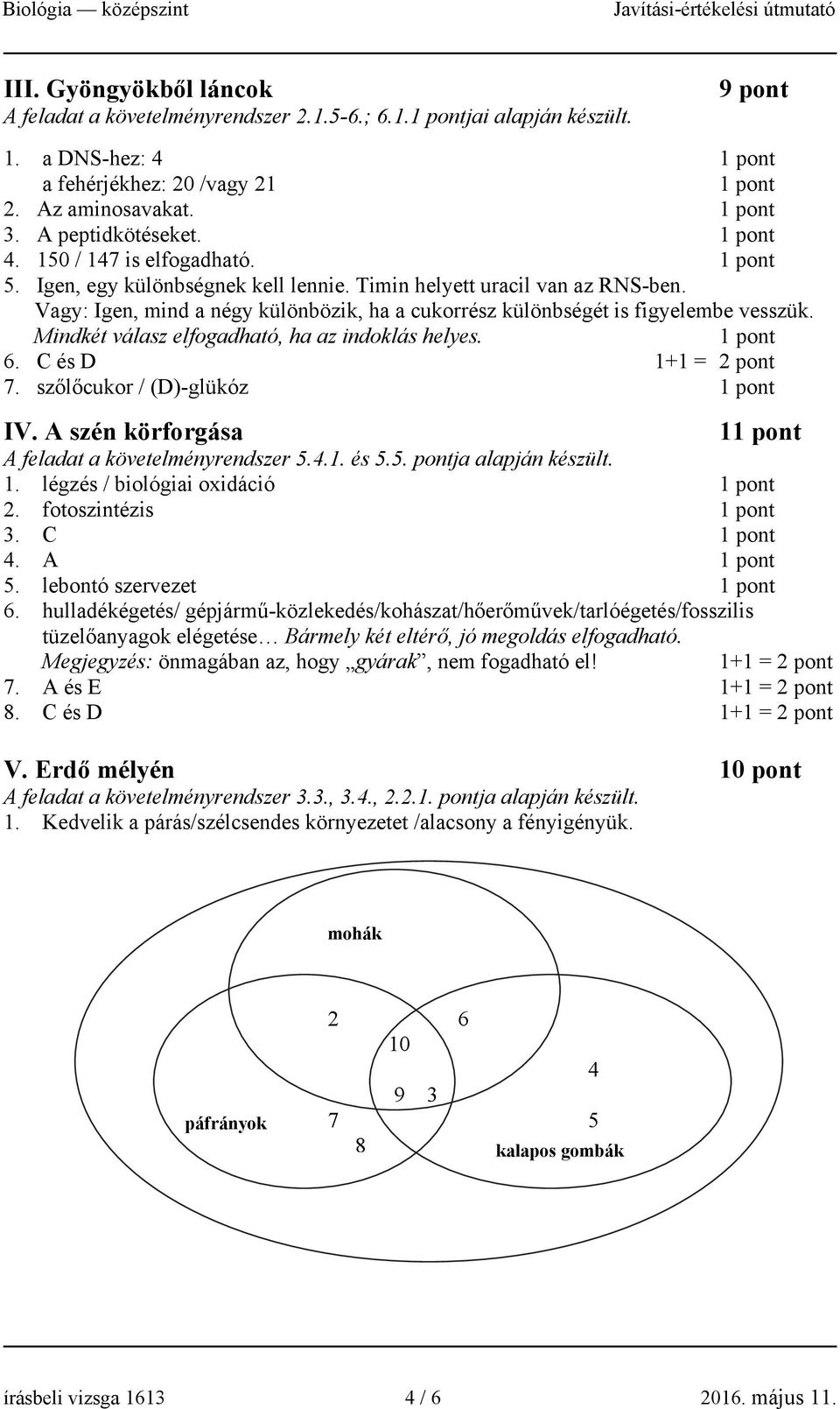 Mindkét válasz elfogadható, ha az indoklás helyes. 6. C és D 1+1 = 2 pont 7. szőlőcukor / (D)-glükóz IV. A szén körforgása 1 A feladat a követelményrendszer 5.4.1. és 5.5. pontja alapján készült. 1. légzés / biológiai oxidáció 2.