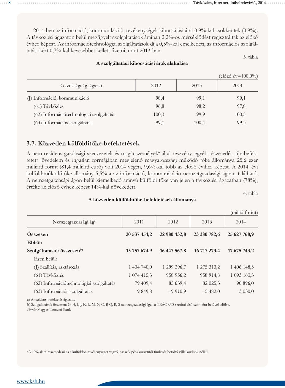 Az információtechnológiai szolgáltatások díja,5%-kal emelkedett, az információs szolgáltatásokért,7%-kal kevesebbet kellett fizetni, mint 213-ban. 3.