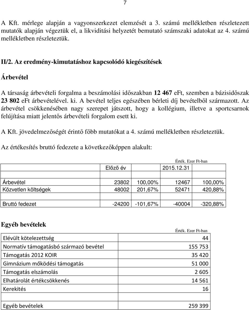 Az eredmény-kimutatáshoz kapcsolódó kiegészítések Árbevétel A társaság árbevételi forgalma a beszámolási időszakban 12 467 eft, szemben a bázisidőszak 23 802 eft árbevételével. ki. A bevétel teljes egészében bérleti díj bevételből származott.