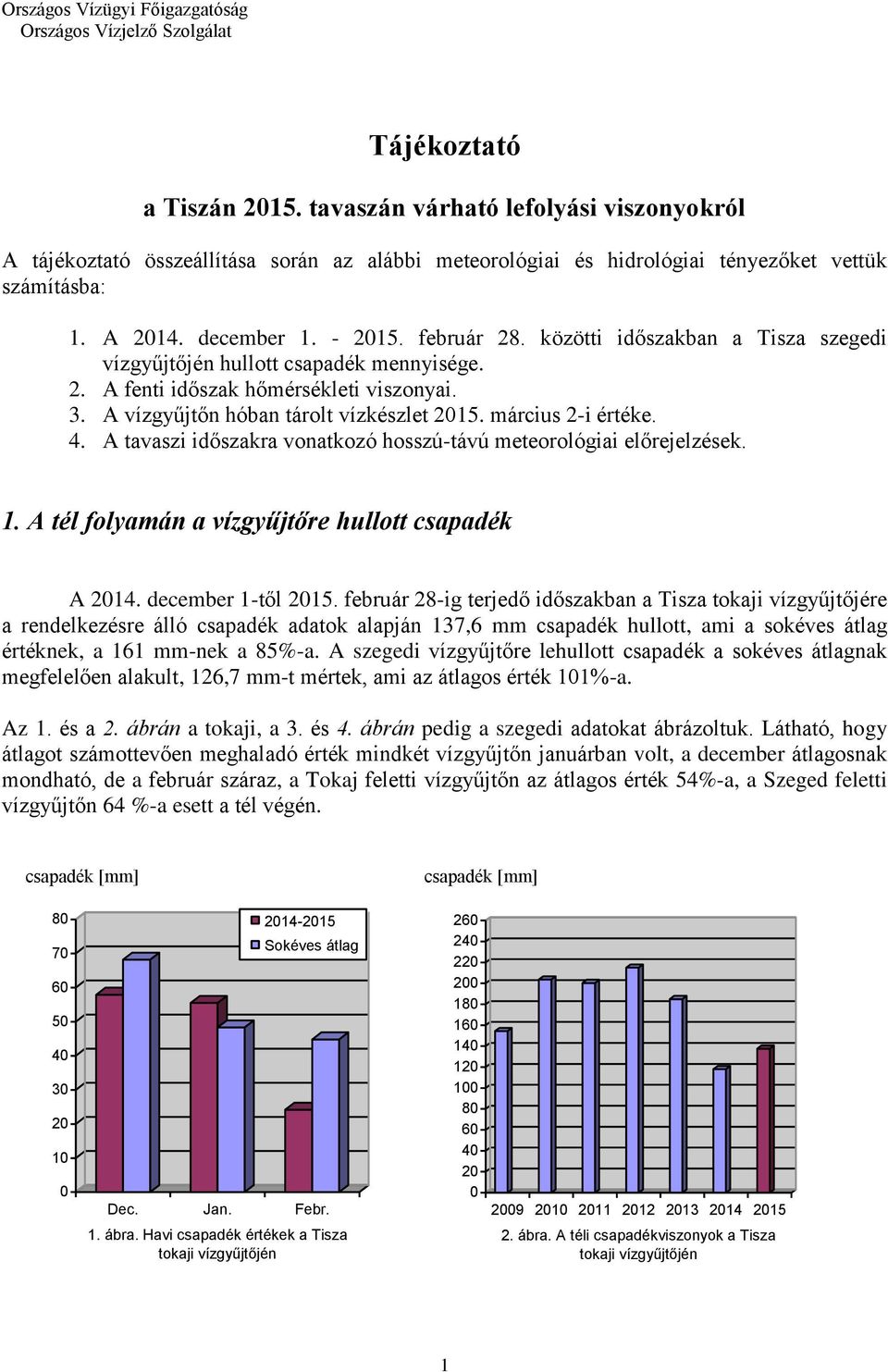 közötti időszakban a Tisza szegedi vízgyűjtőjén hullott csapadék mennyisége. 2. A fenti időszak hőmérsékleti viszonyai. 3. A vízgyűjtőn hóban tárolt vízkészlet 215. március 2-i értéke. 4.