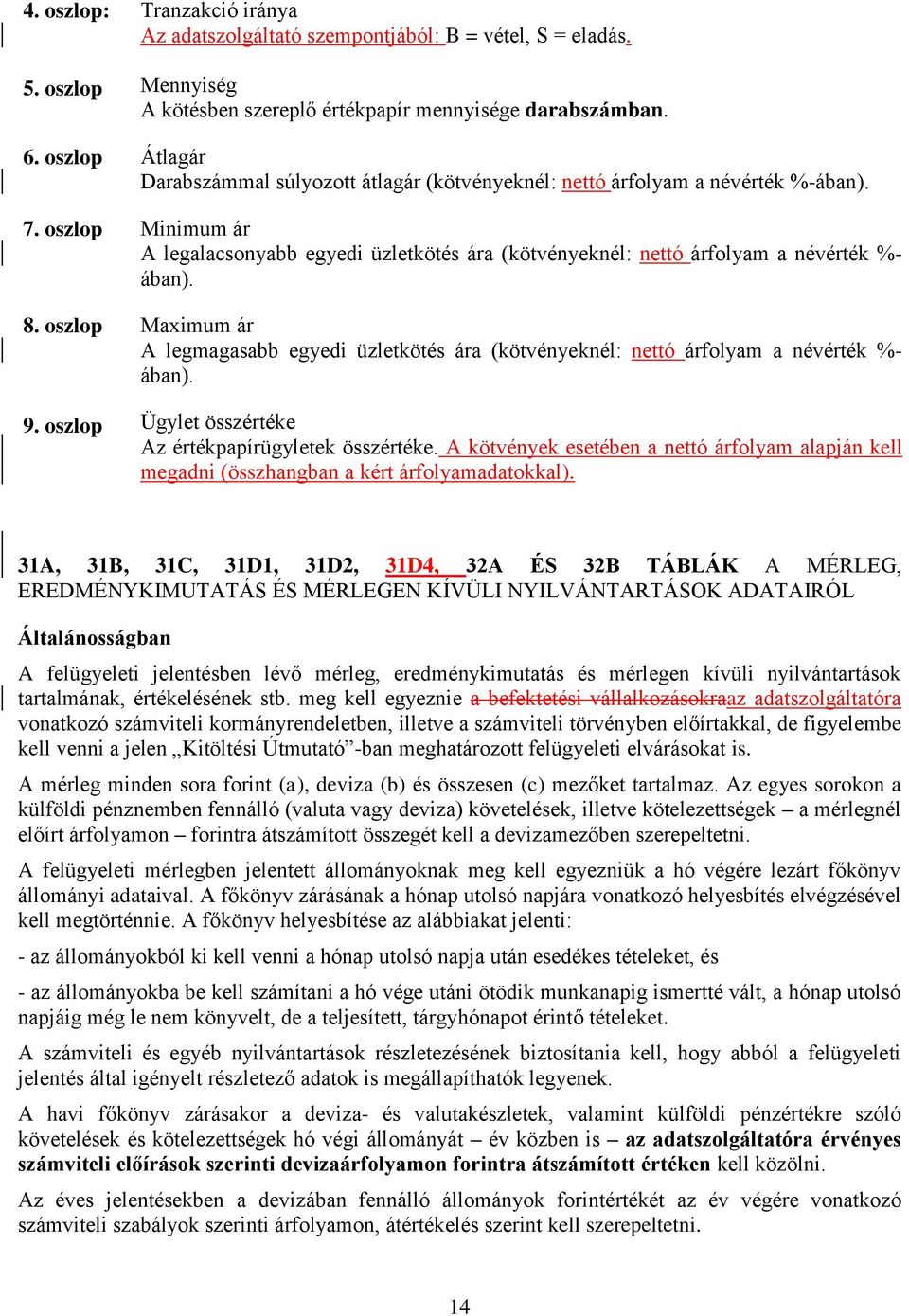 oszlop Minimum ár A legalacsonyabb egyedi üzletkötés ára (kötvényeknél: nettó árfolyam a névérték %- ában). 8.