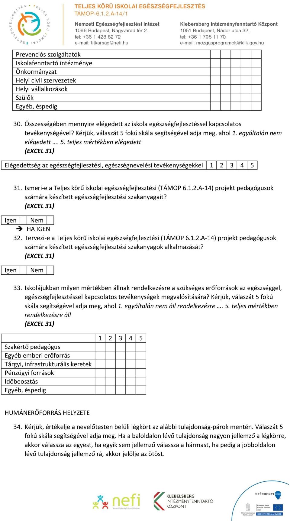 fokú skála segítségével adja meg, ahol 1. egyáltalán nem elégedett. 5. teljes mértékben elégedett (EXCEL 31) Elégedettség az egészségfejlesztési, egészségnevelési tevékenységekkel 31.