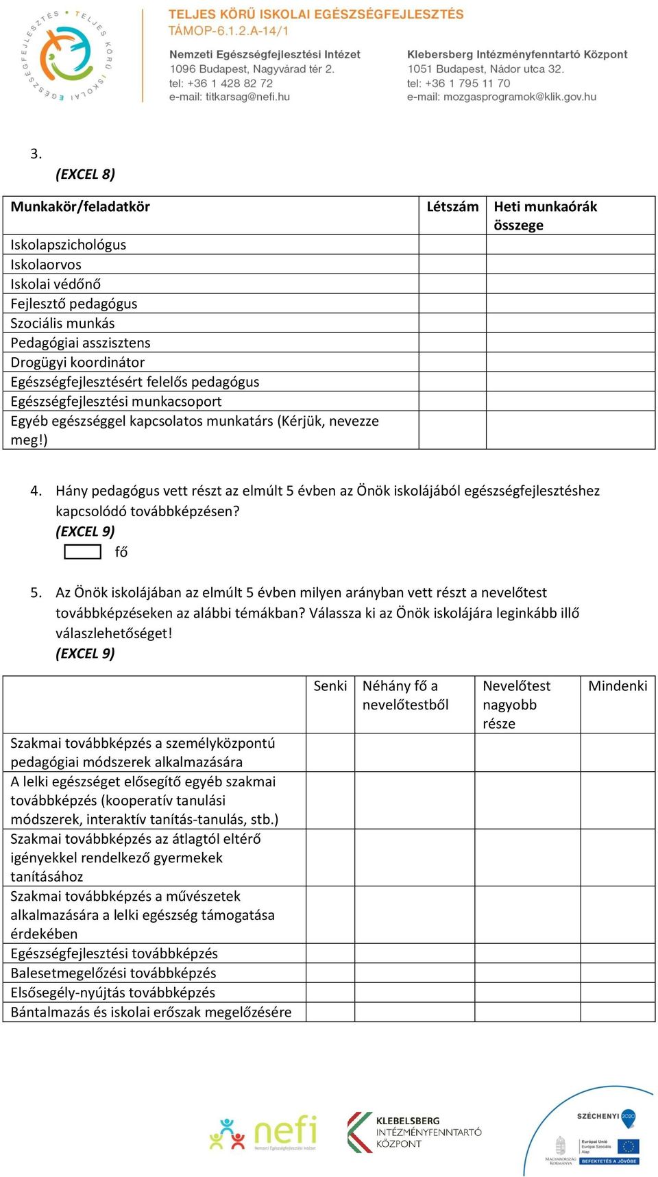 Hány pedagógus vett részt az elmúlt 5 évben az Önök iskolájából egészségfejlesztéshez kapcsolódó továbbképzésen? (EXCEL 9) fő 5.