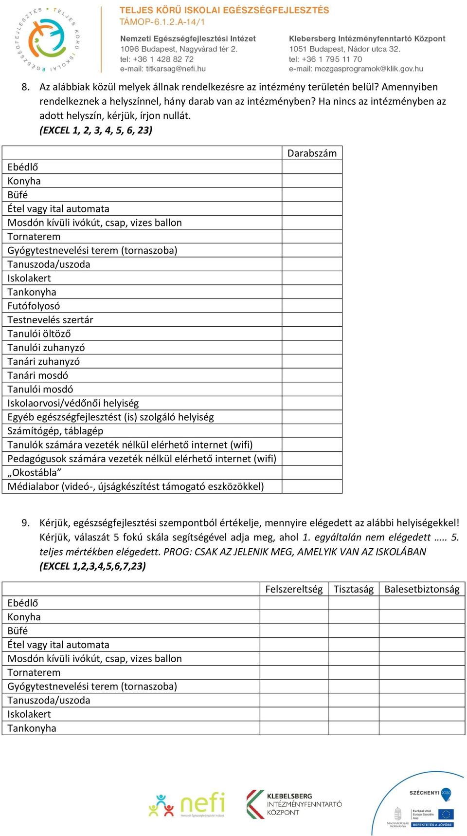 (EXCEL 1, 2, 3, 4, 5, 6, 23) Ebédlő Konyha Büfé Étel vagy ital automata Mosdón kívüli ivókút, csap, vizes ballon Tornaterem Gyógytestnevelési terem (tornaszoba) Tanuszoda/uszoda Iskolakert Tankonyha