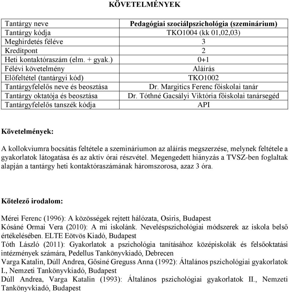 Megengedett hiányzás a TVSZ-ben foglaltak alapján a tantárgy heti kontaktóraszámának háromszorosa, azaz 3 óra.