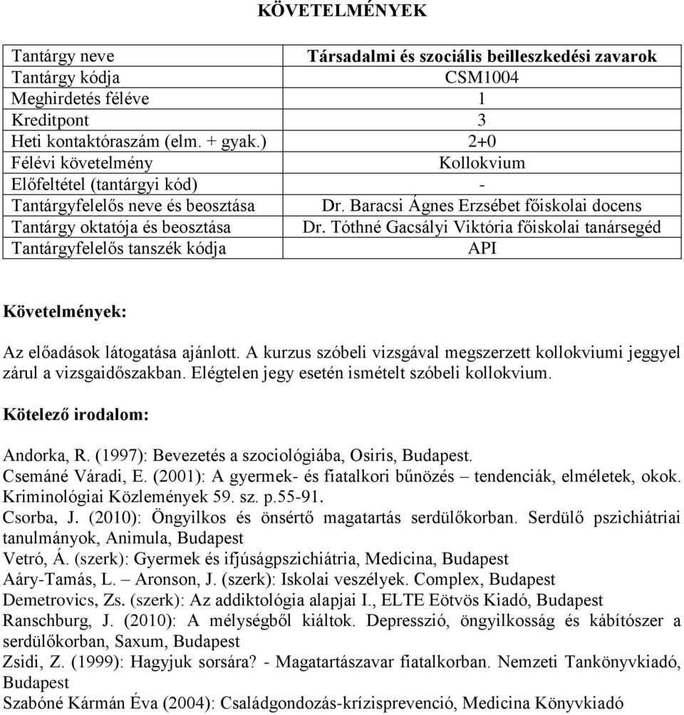 Elégtelen jegy esetén ismételt szóbeli kollokvium. Andorka, R. (1997): Bevezetés a szociológiába, Osiris, Budapest. Csemáné Váradi, E.