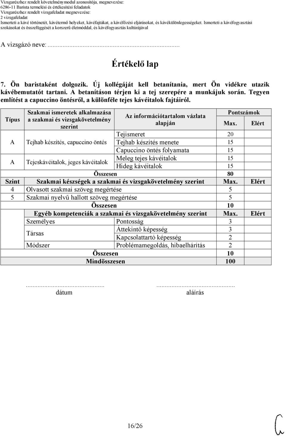 Típus A A Szakmai ismeretek alkalmazása a szakmai és vizsgakövetelmény szerint Tejhab készítés, capuccino öntés Tejeskávéitalok, jeges kávéitalok Az információtartalom vázlata alapján Pontszámok Max.