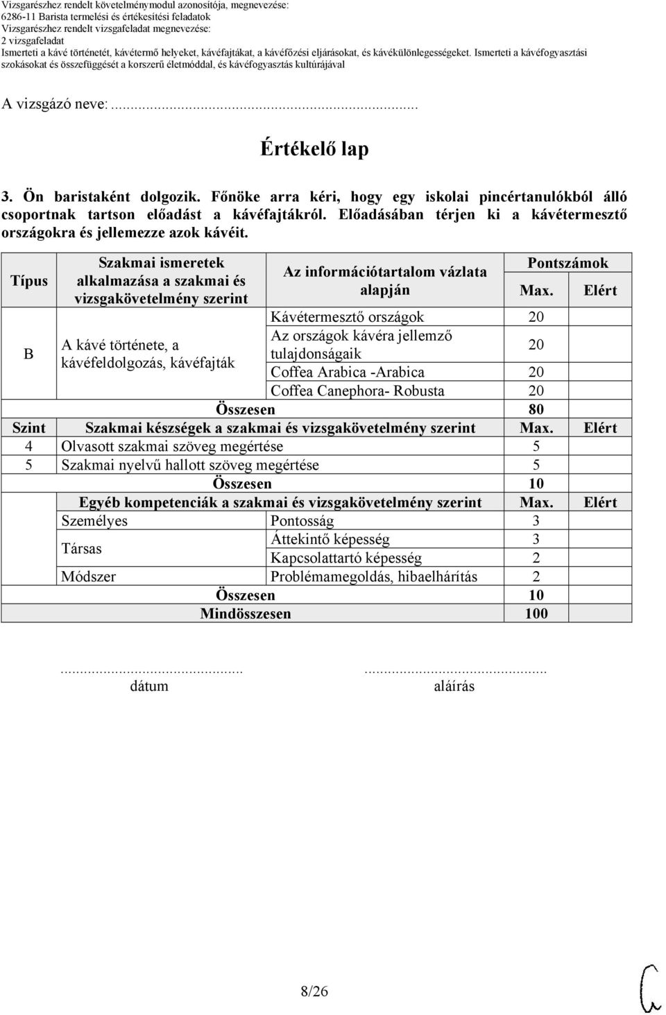 Típus Szakmai ismeretek alkalmazása a szakmai és vizsgakövetelmény szerint Az információtartalom vázlata alapján Pontszámok Max.