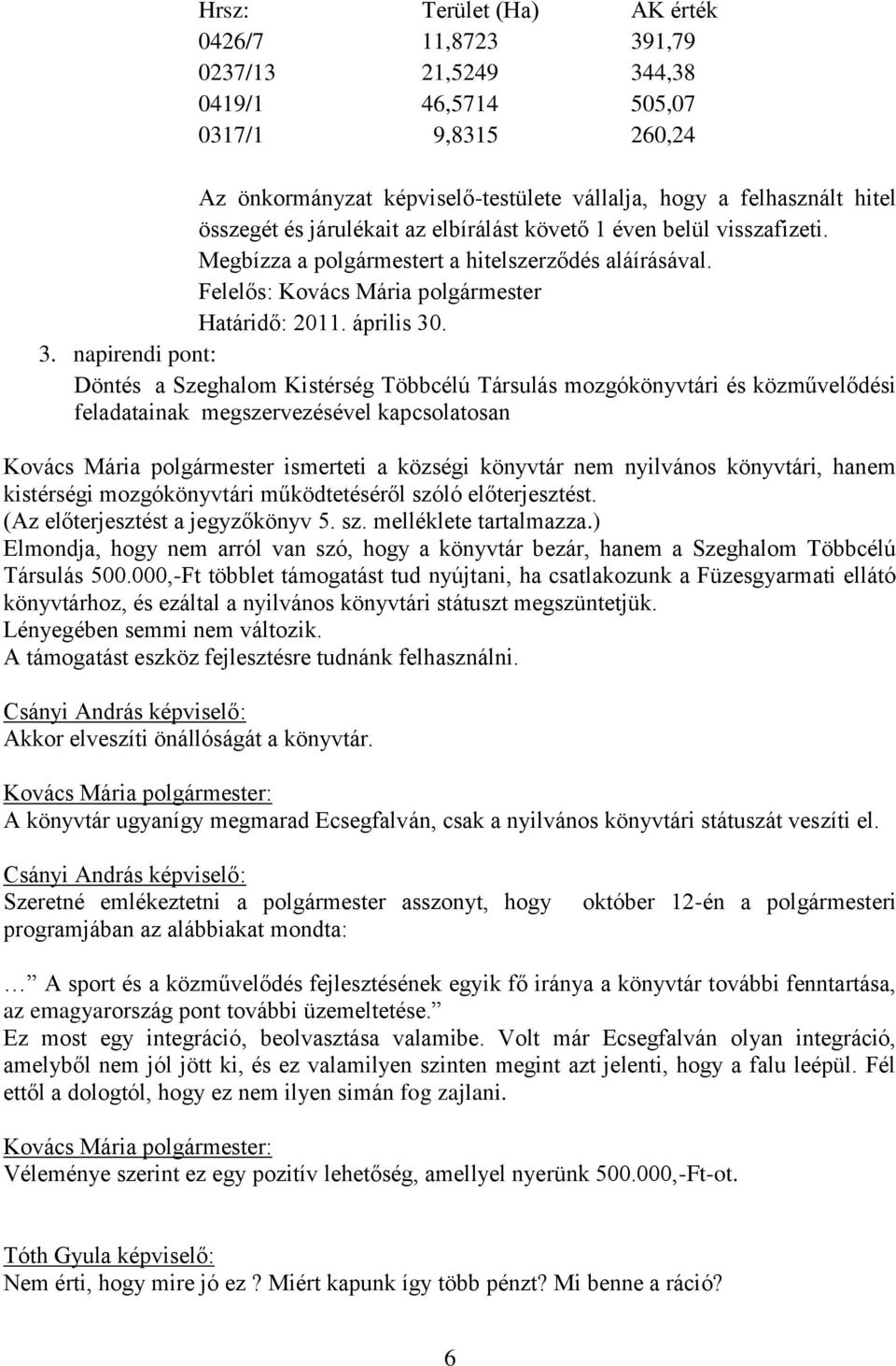 . 3. napirendi pont: Döntés a Szeghalom Kistérség Többcélú Társulás mozgókönyvtári és közművelődési feladatainak megszervezésével kapcsolatosan Kovács Mária polgármester ismerteti a községi könyvtár