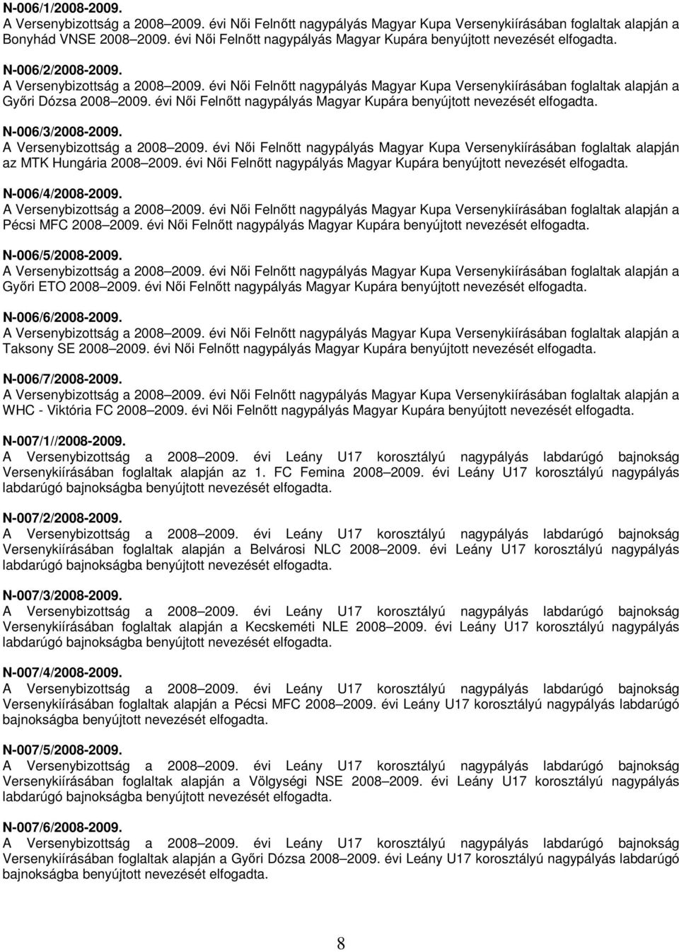 évi Női Felnőtt nagypályás Magyar Kupa Versenykiírásában foglaltak alapján az MTK Hungária 2008 2009. évi Női Felnőtt nagypályás Magyar Kupára benyújtott nevezését elfogadta. N-006/4/2008-2009.