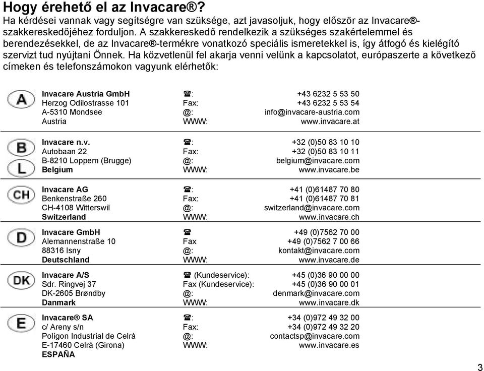 Ha közvetlenül fel akarja venni velünk a kapcsolatot, európaszerte a következő címeken és telefonszámokon vagyunk elérhetők: Invacare Austria GmbH Herzog Odilostrasse 101 A-5310 Mondsee Austria