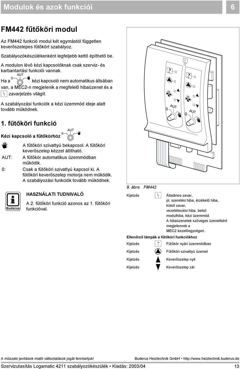 Ha a B kézi kapcsoló nem automatikus állsában van, a MEC2-n megjelenik a megfelelő hibaüzenet és a 0 zavarjelzés világít. A szabályozási funkciók a kézi üzemmód ideje alatt tovább működnek. 1.