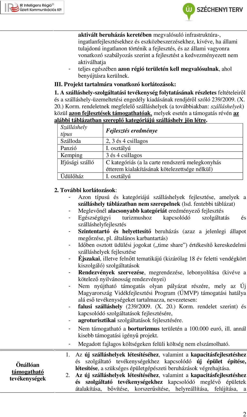 Projekt tartalmára vonatkozó korlátozások: 1. A szálláshely-szolgáltatási tevékenység folytatásának részletes feltételeiről és a szálláshely-üzemeltetési engedély kiadásának rendjéről szóló 239/2009.