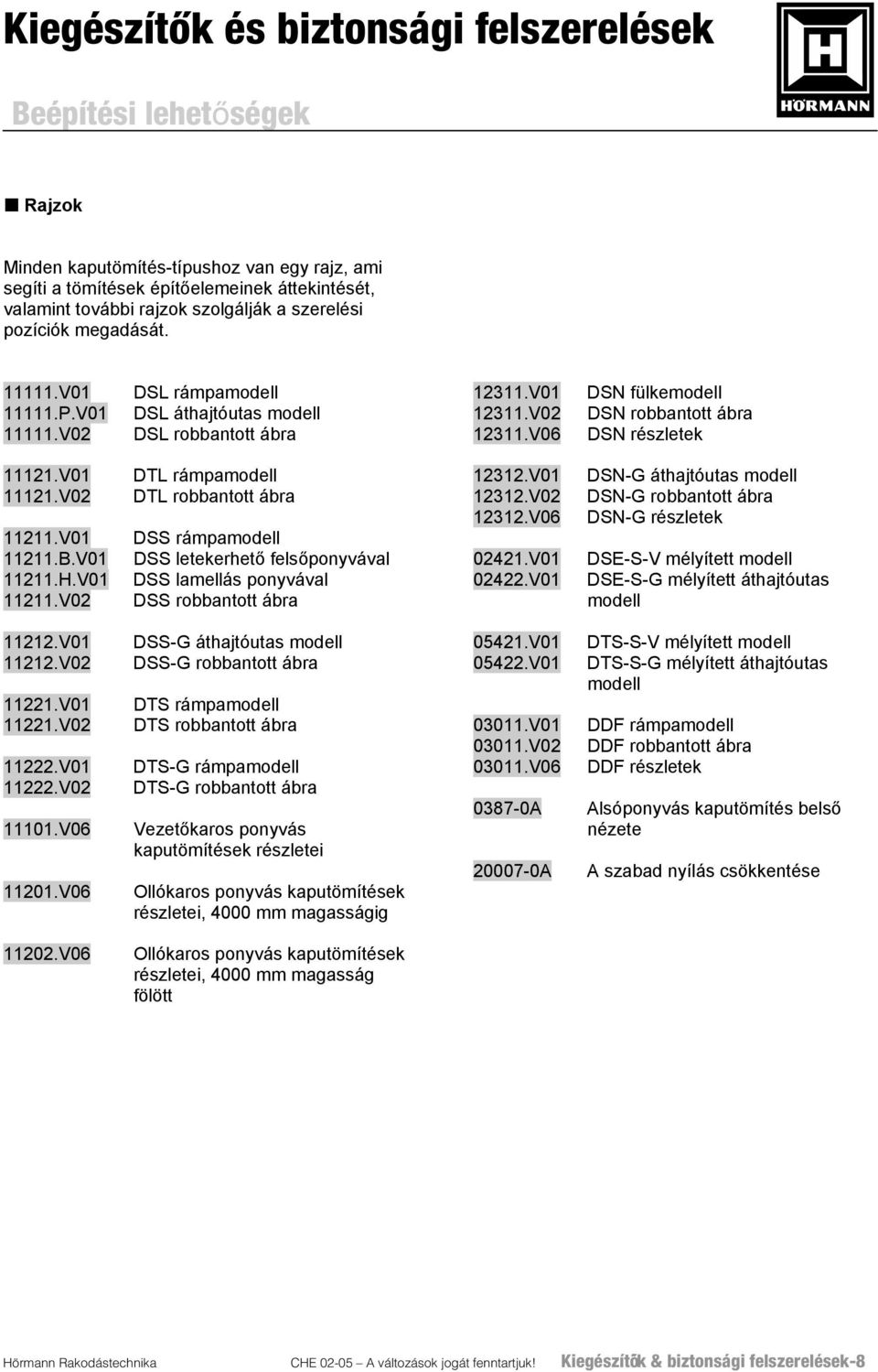 V01 DSS letekerhető felsőponyvával 11211.H.V01 DSS lamellás ponyvával 11211.V02 DSS robbantott ábra 11212.V01 DSS-G áthajtóutas modell 11212.V02 DSS-G robbantott ábra 11221.V01 DTS rámpamodell 11221.