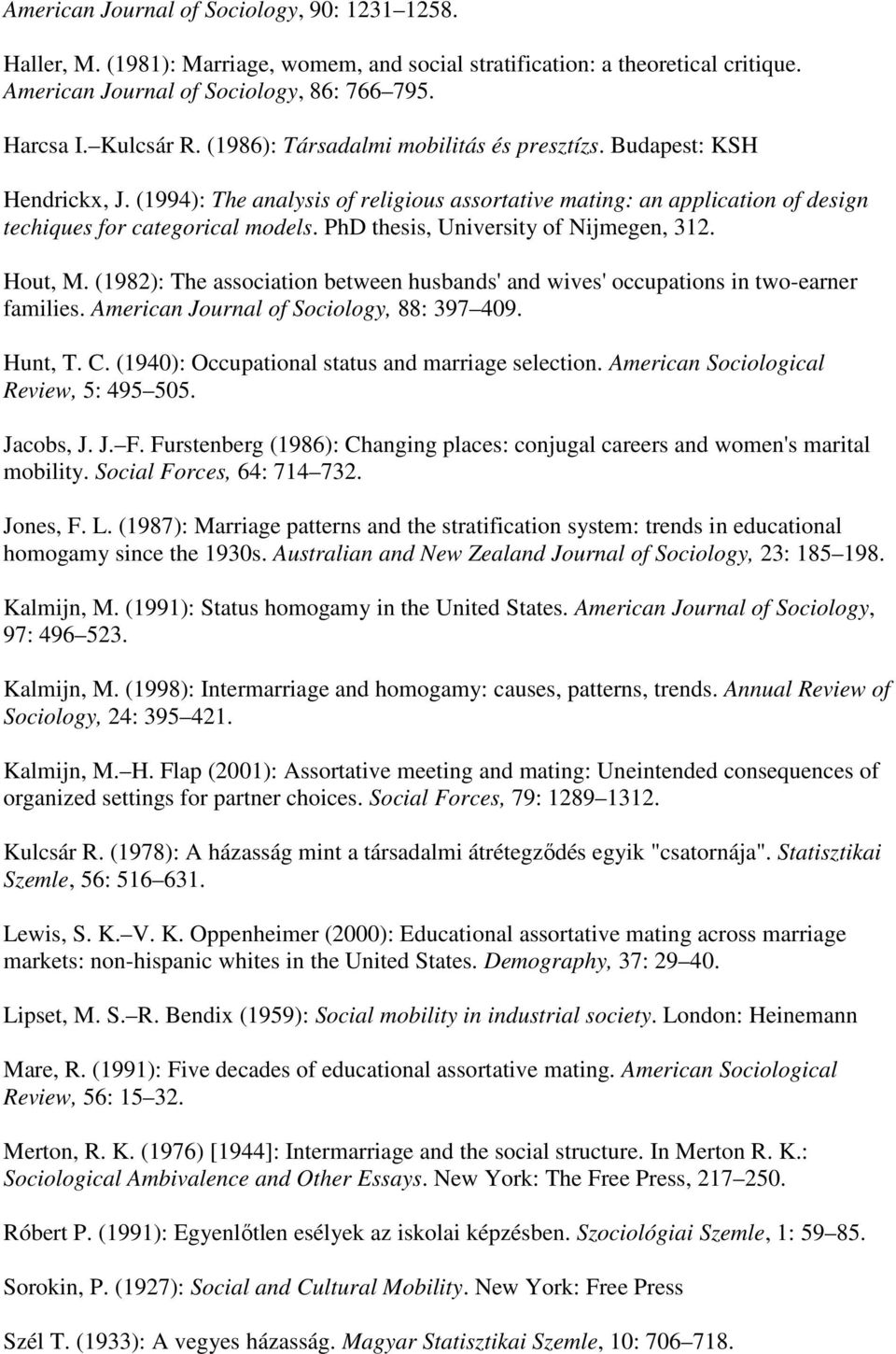 PhD thesis, University of Nijmegen, 312. Hout, M. (1982): The association between husbands' and wives' occupations in two-earner families. American Journal of Sociology, 88: 397409. Hunt, T. C.