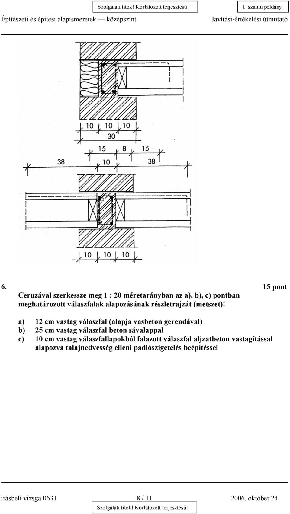 a) 12 cm vastag válaszfal (alapja vasbeton gerendával) b) 25 cm vastag válaszfal beton sávalappal c) 10