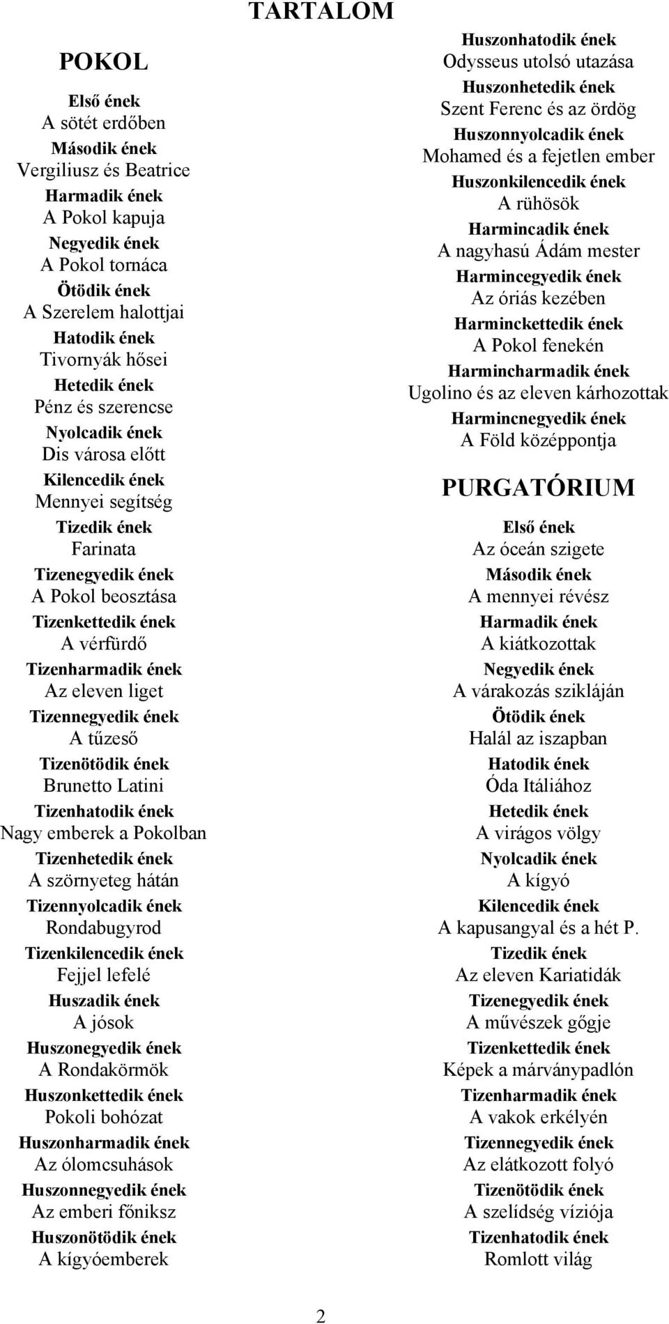 eleven liget Tizennegyedik ének A tűzeső Tizenötödik ének Brunetto Latini Tizenhatodik ének Nagy emberek a Pokolban Tizenhetedik ének A szörnyeteg hátán Tizennyolcadik ének Rondabugyrod