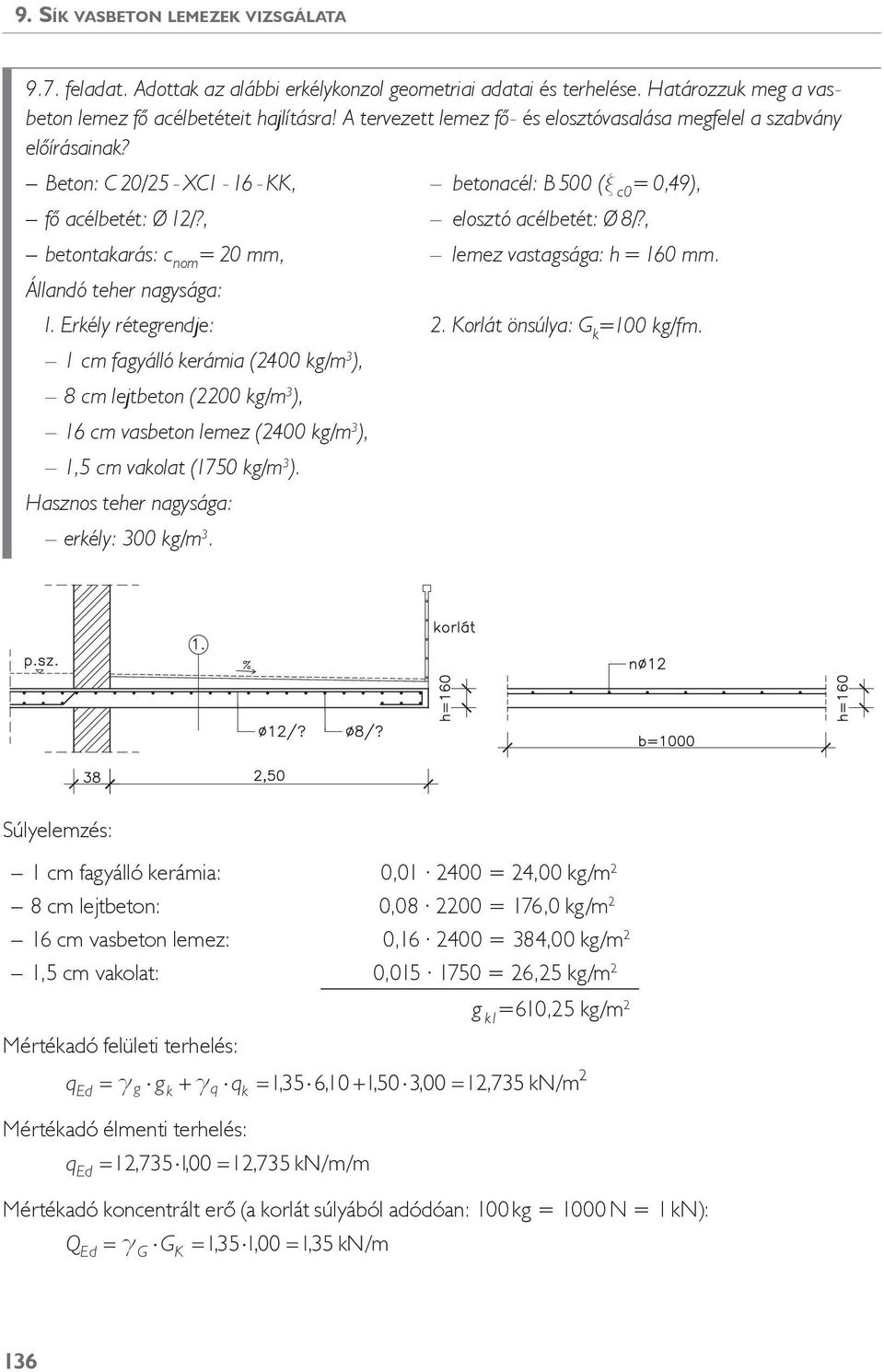 , betontakará: nom 0 mm, lemez vatagága: h 160 mm. Állandó teher nagyága: I. Erkély rétegrendje:. Korlát önúlya: G k 100 kg/fm.