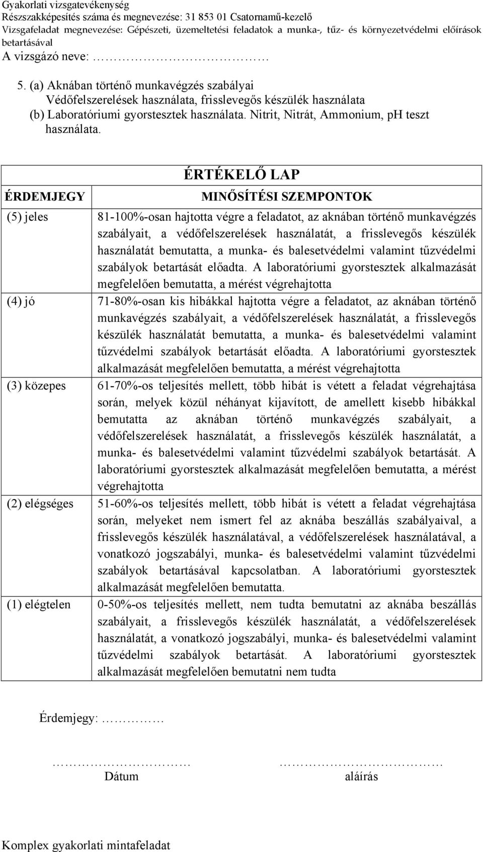 ÉRDEMJEGY ÉRTÉKELŐ LAP MINŐSÍTÉSI SZEMPONTOK (5) jeles 81-100%-osan hajtotta végre a feladatot, az aknában történő munkavégzés szabályait, a védőfelszerelések használatát, a frisslevegős készülék