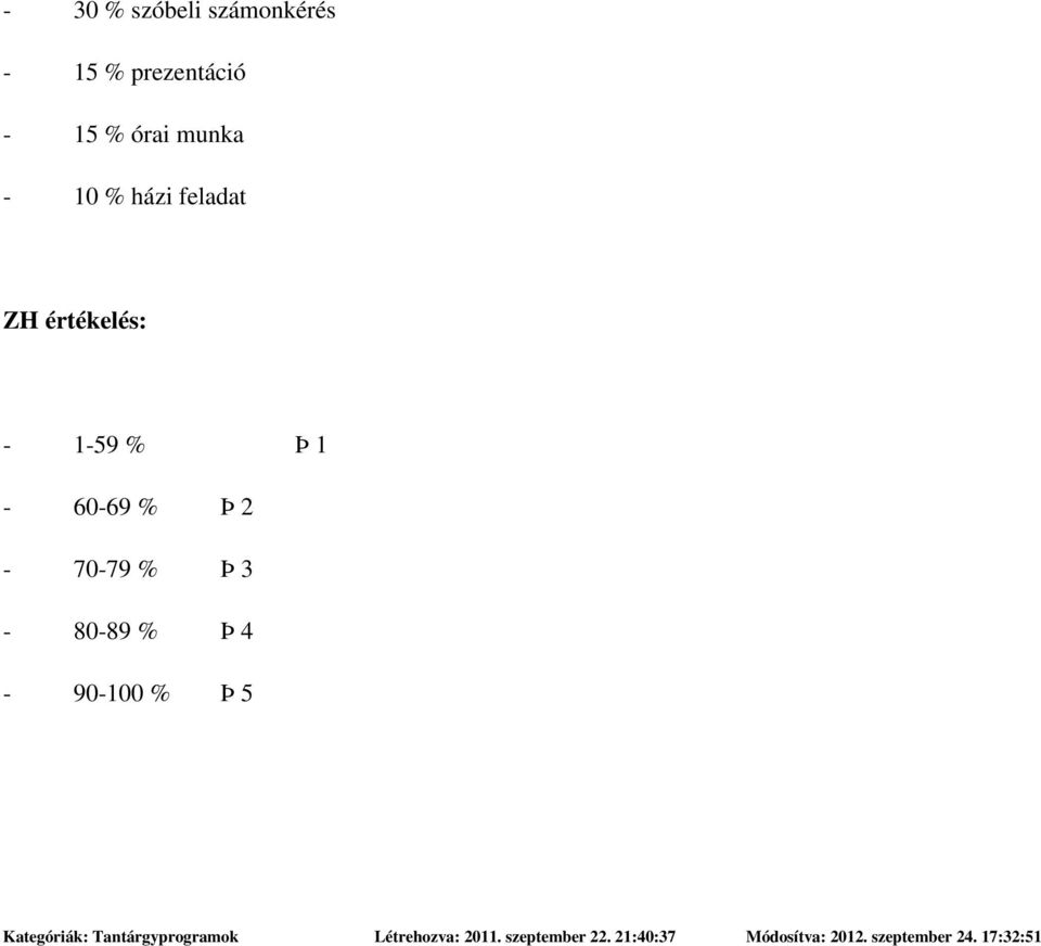 házi feladat ZH értékelés: - 1-59 % Þ 1-60-69 % Þ 2-70-79 % Þ 3-80-89 % Þ