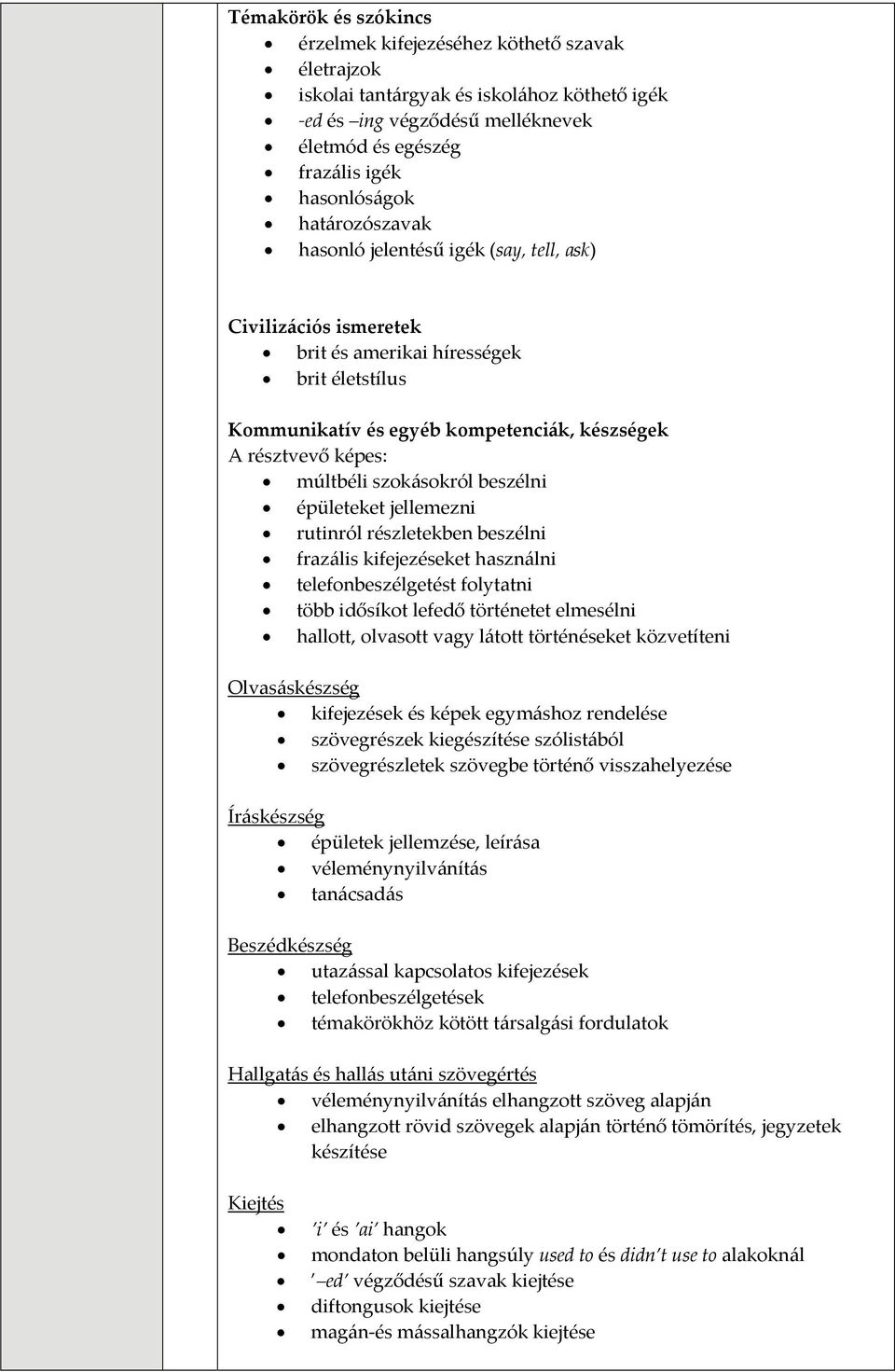 kifejezéseket használni telefonbeszélgetést folytatni több idősíkot lefedő történetet elmesélni hallott, olvasott vagy látott történéseket közvetíteni Olvasáskészség kifejezések és képek egymáshoz