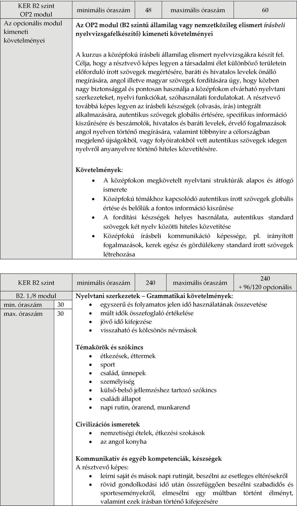 Célja, hogy a résztvevő képes legyen a társadalmi élet különböző területein előforduló írott szövegek megértésére, baráti és hivatalos levelek önálló megírására, angol illetve magyar szövegek