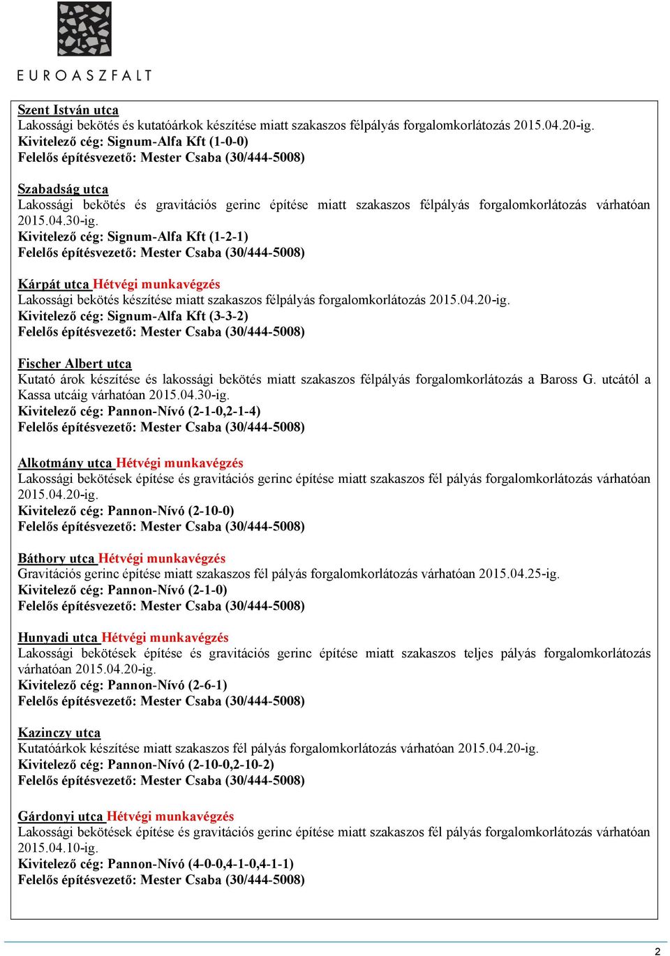 Signum-Alfa Kft (3-3-2) Fischer Albert utca Kutató árok készítése és lakossági bekötés miatt szakaszos félpályás forgalomkorlátozás a Baross G.