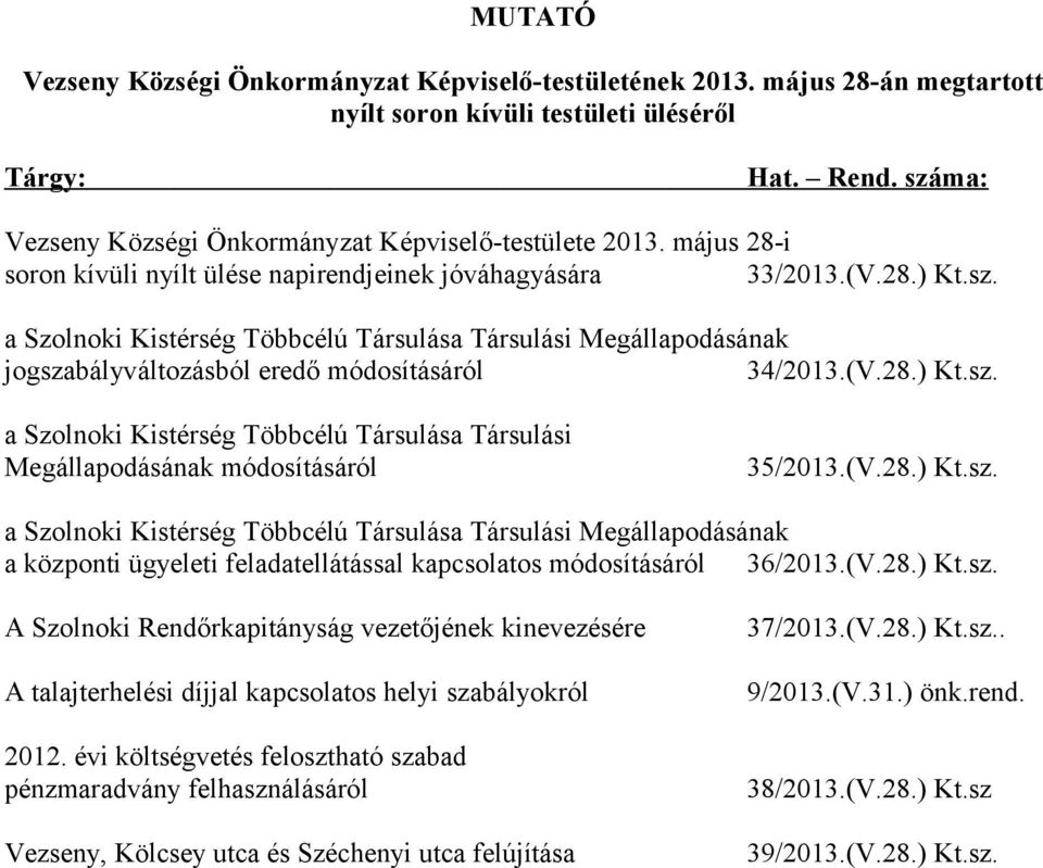 (V.28.) Kt.sz. a Szolnoki Kistérség Többcélú Társulása Társulási Megállapodásának módosításáról 35/2013.(V.28.) Kt.sz. a Szolnoki Kistérség Többcélú Társulása Társulási Megállapodásának a központi ügyeleti feladatellátással kapcsolatos módosításáról 36/2013.