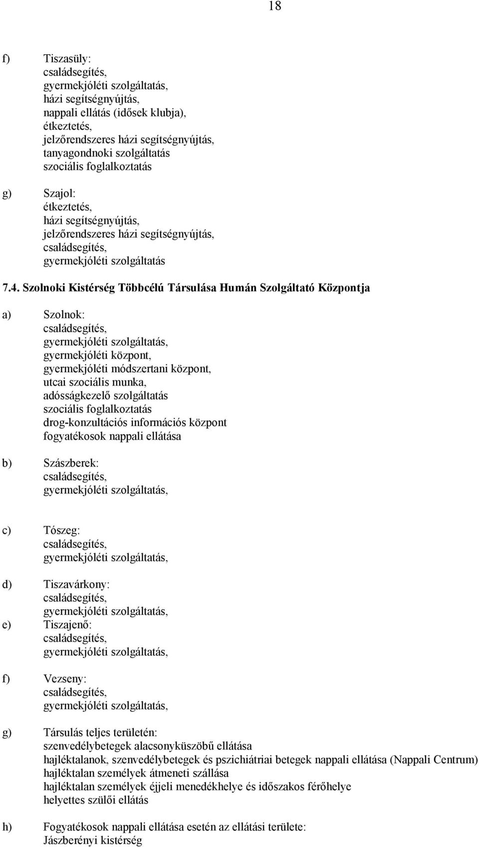 Szolnoki Kistérség Többcélú Társulása Humán Szolgáltató Központja a) Szolnok: gyermekjóléti szolgáltatás, gyermekjóléti központ, gyermekjóléti módszertani központ, utcai szociális munka,