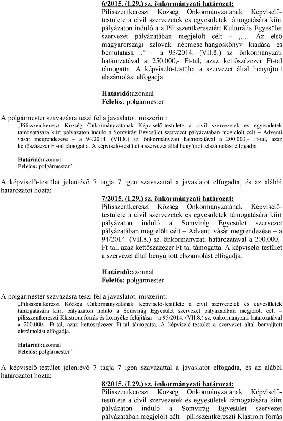 Egyesület szervezet pályázatában megjelölt célt Az első magyarországi szlovák népmese-hangoskönyv kiadása és bemutatása.. a 93/2014. (VII.8.) sz. önkormányzati határozatával a 250.