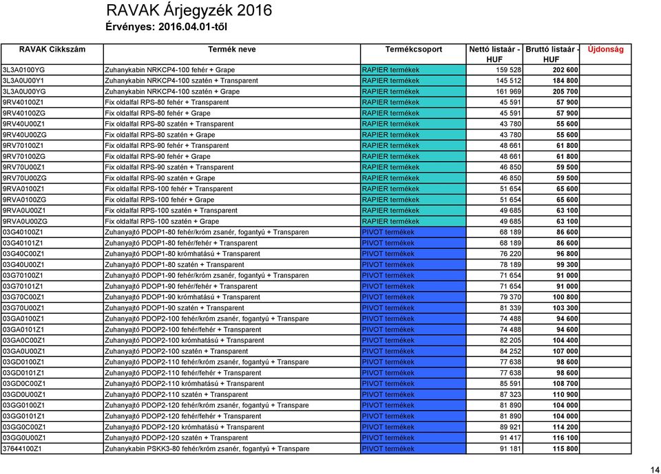 45 591 57 900 9RV40U00Z1 Fix oldalfal RPS-80 szatén + Transparent RAPIER termékek 43 780 55 600 9RV40U00ZG Fix oldalfal RPS-80 szatén + Grape RAPIER termékek 43 780 55 600 9RV70100Z1 Fix oldalfal