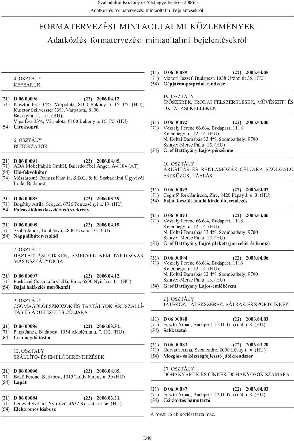 (HU); Kusztor Szilveszter 33%, Várpalota, 8100 Bakony u. 15. I/5. (HU); Viga Éva 33%, Várpalota, 8100 Bakony u. 15. I/5. (HU) Ciroksöprû 6. OSZTÁLY BÚTORZATOK D 06 00091 (22) 2006.04.05.