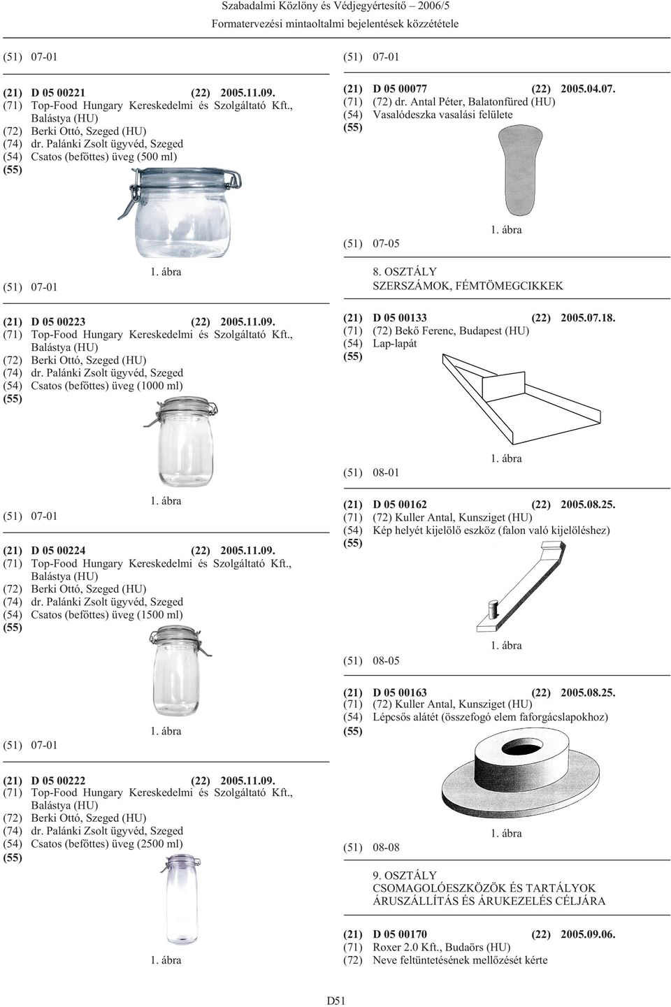 OSZTÁLY SZERSZÁMOK, FÉMTÖMEGCIKKEK D 05 00223 (22) 2005.11.09. Top-Food Hungary Kereskedelmi és Szolgáltató Kft., Balástya (HU) Berki Ottó, Szeged (HU) dr.