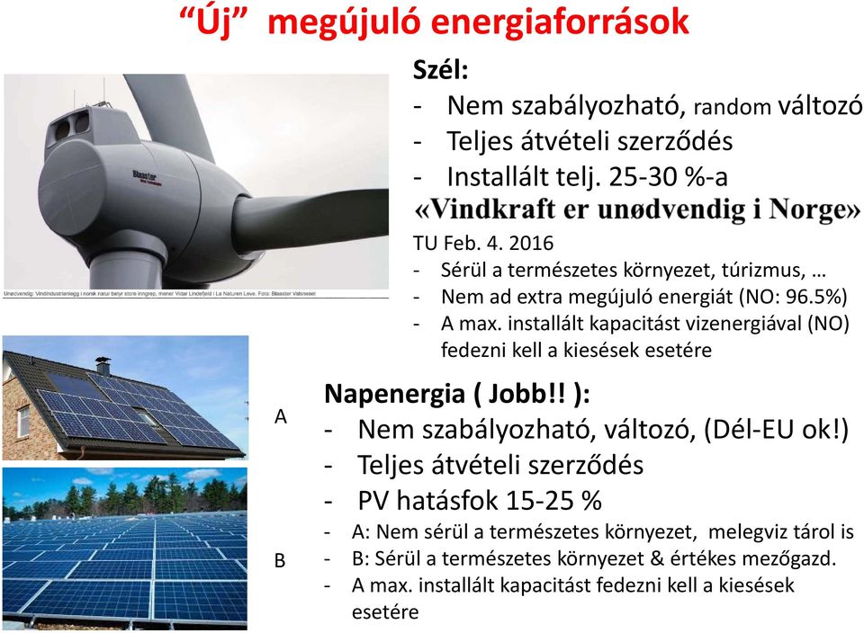 installált kapacitást vizenergiával (NO) fedezni kell a kiesések esetére A B Napenergia ( Jobb!! ): Nem szabályozható, változó, (Dél EU ok!