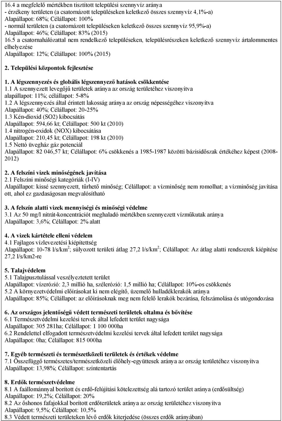 5 a csatornahálózattal nem rendelkező településeken, településrészeken keletkező szennyvíz ártalommentes elhelyezése Alapállapot: 12%; Célállapot: 100% (2015) 2. Települési központok fejlesztése 1.