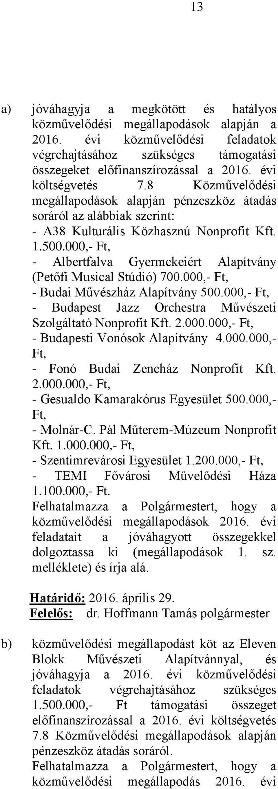 000,- Ft, - Albertfalva Gyermekeiért Alapítvány (Petőfi Musical Stúdió) 700.000,- Ft, - Budai Művészház Alapítvány 500.000,- Ft, - Budapest Jazz Orchestra Művészeti Szolgáltató Nonprofit Kft. 2.000.000,- Ft, - Budapesti Vonósok Alapítvány 4.