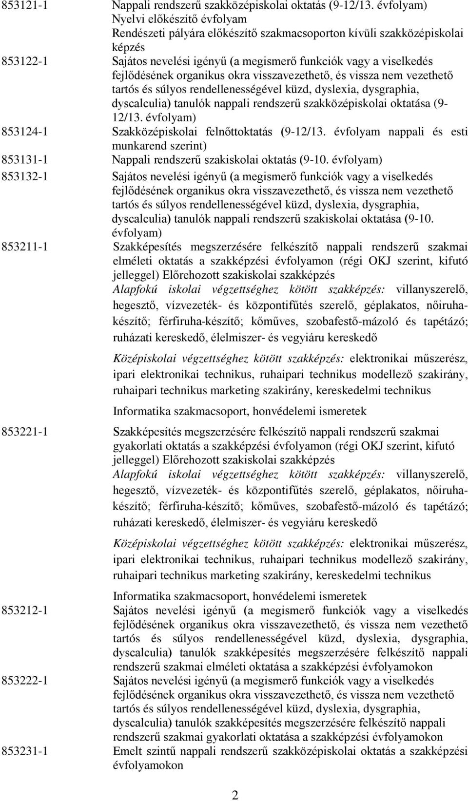 tanulók nappali rendszerű szakközépiskolai oktatása (9-12/13. évfolyam) 853124-1 Szakközépiskolai felnőttoktatás (9-12/13.