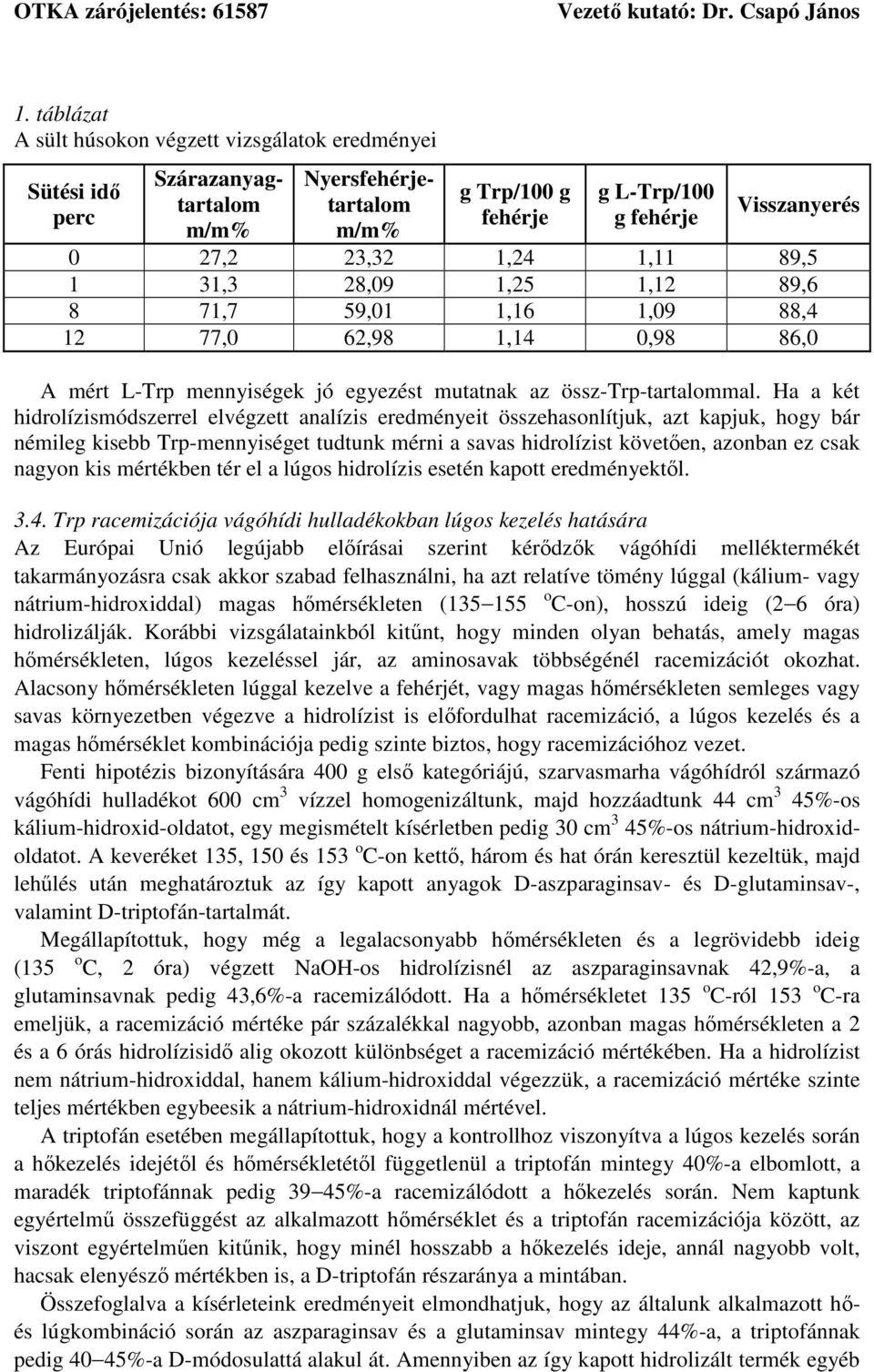 Ha a két hidrolízismódszerrel elvégzett analízis eredményeit összehasonlítjuk, azt kapjuk, hogy bár némileg kisebb Trp-mennyiséget tudtunk mérni a savas hidrolízist követően, azonban ez csak nagyon