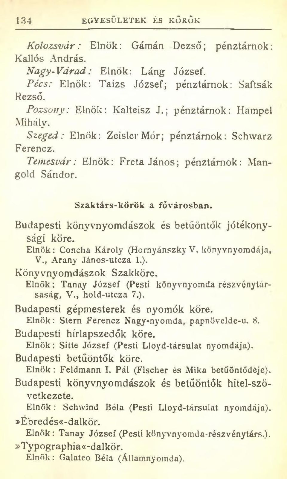 Budapesti könyvnyomdászok és betűöntők jótékonysági köre. Elnök: Concha Károly (Hornyánszky V. könyvnyomdája, V., Arany János-utcza 1.). Könyvnyomdászok Szakköre.