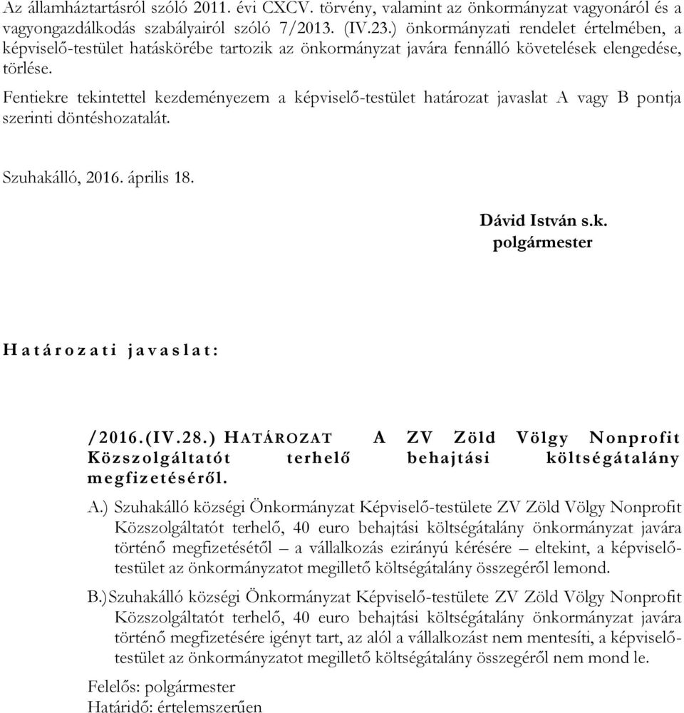 Fentiekre tekintettel kezdeményezem a képviselő-testület határozat javaslat A vagy B pontja szerinti döntéshozatalát. Szuhakálló, 2016. április 18. Dávid István s.k. H a t á r o z a t i j a v a s l a t : /2016.