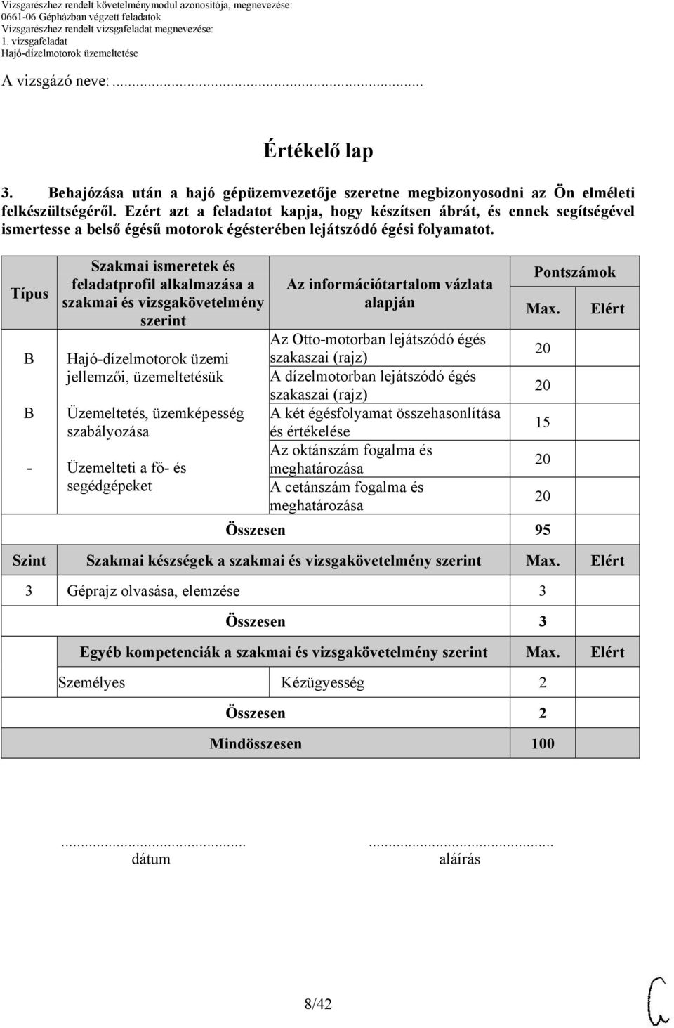 Típus B B Szakmai ismeretek és feladatprofil alkalmazása a szakmai és vizsgakövetelmény szerint Hajódízelmotorok üzemi jellemzői, üzemeltetésük Üzemeltetés, üzemképesség szabályozása Üzemelteti a fő