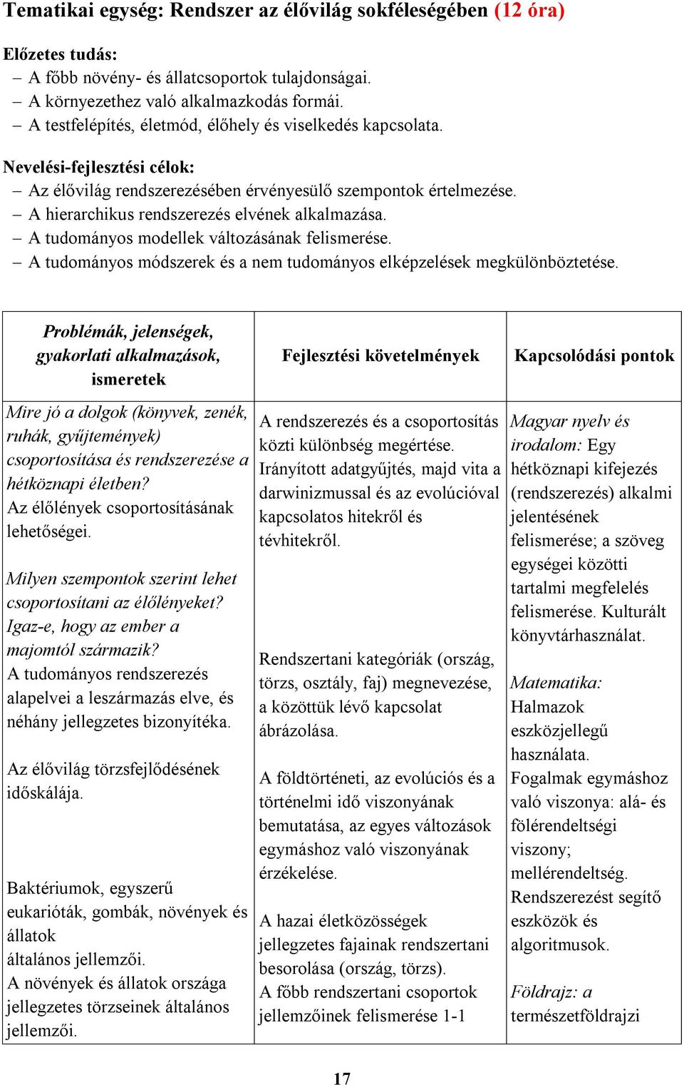 A hierarchikus rendszerezés elvének alkalmazása. A tudományos modellek változásának felismerése. A tudományos módszerek és a nem tudományos elképzelések megkülönböztetése.