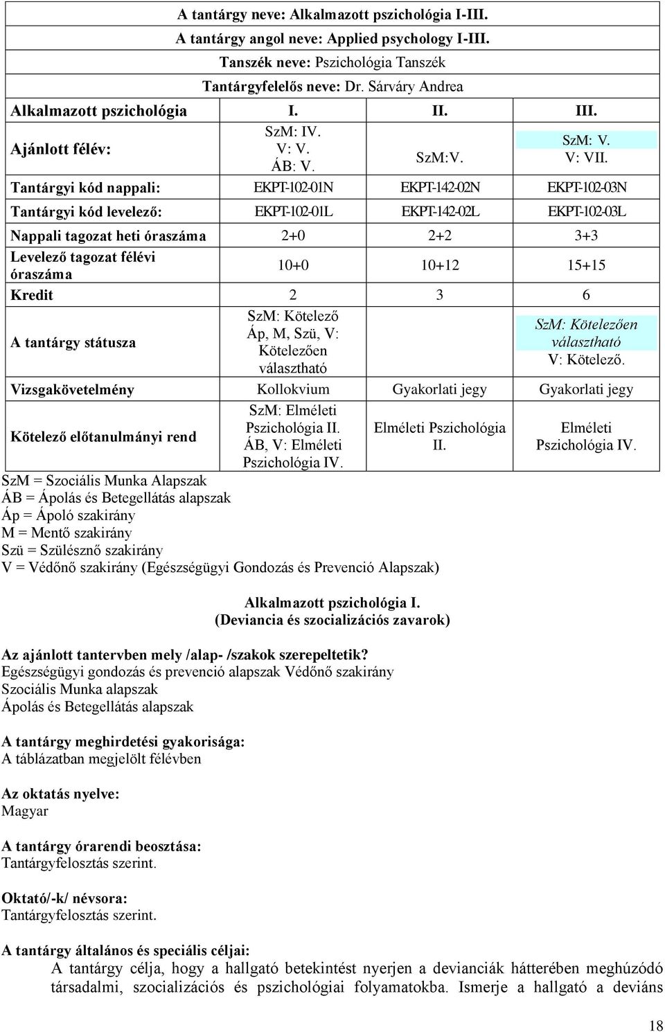 Tantárgyi kód nappali: EKPT-102-01N EKPT-142-02N EKPT-102-03N Tantárgyi kód levelező: EKPT-102-01L EKPT-142-02L EKPT-102-03L Nappali tagozat heti óraszáma 2+0 2+2 3+3 Levelező tagozat félévi óraszáma