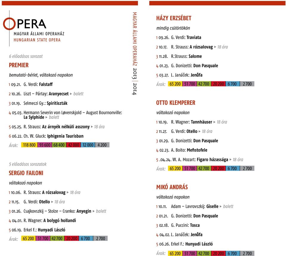 . Csajkovszkij Stolze Cranko: Anyegin balett 0.0. R. Wagner: A bolygó hollandi 0.. Erkel F.: Hunyadi László 00 00 00 0 00 00 00 magyar állami OPERAHÁZ 0 0 Házy Erzsébet mindig csütörtökön 0.. G.