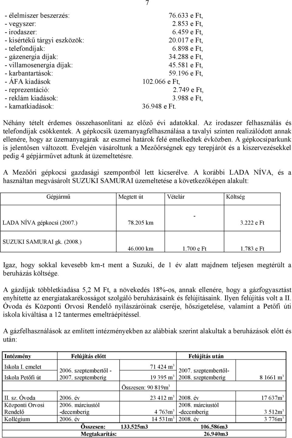 7 Néhány tételt érdemes összehasonlítani az előző évi adatokkal. Az irodaszer felhasználás és telefondíjak csökkentek.